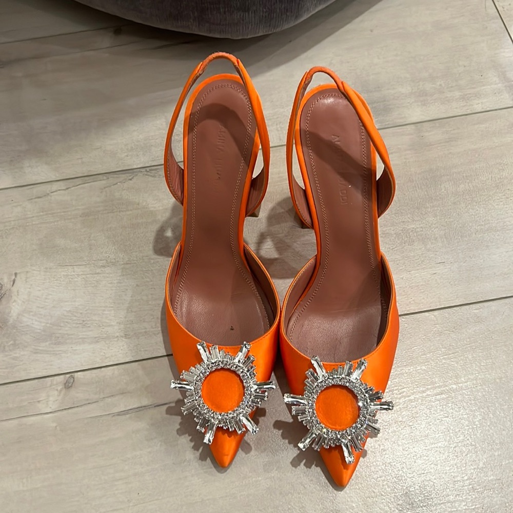 Amina muaddi size 37 crystal embellished begum satin sling backs